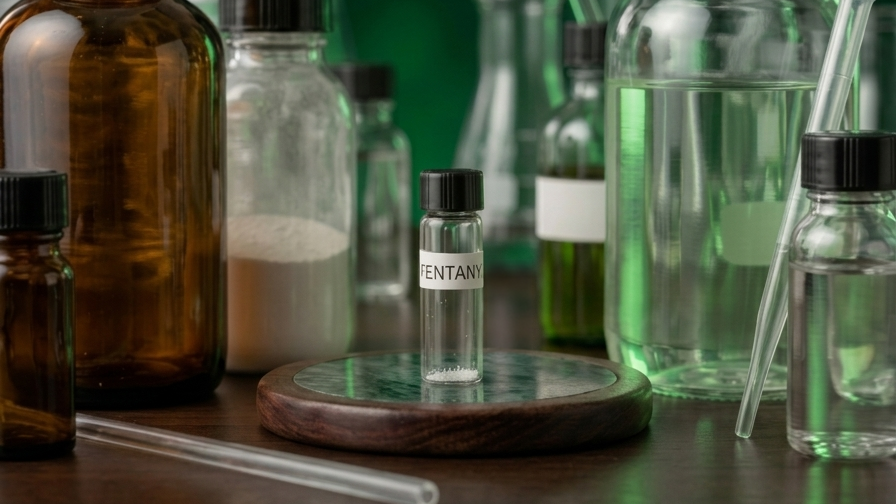 Fentanilt tartalmazó kis üvegcse laboratóriumban, egyéb kémiai üvegek között